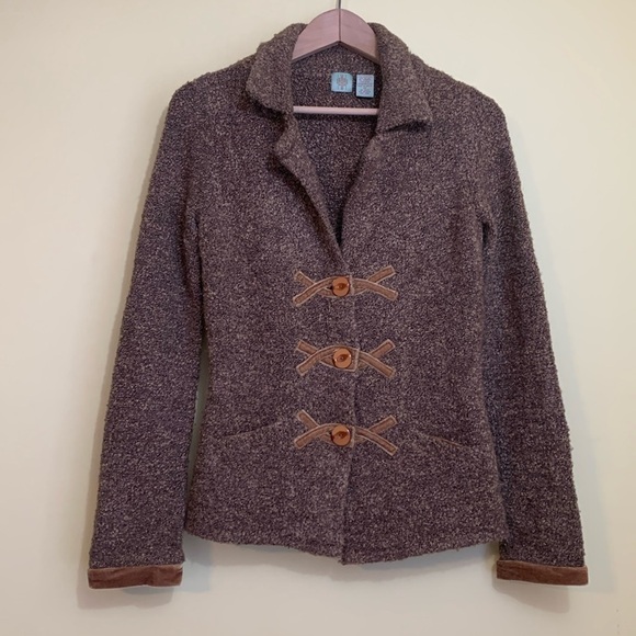 Anthropologie HWR Brown Boucle Knit Velvet Trim Button Cardi Blazer Sweater XS - Picture 1 of 16